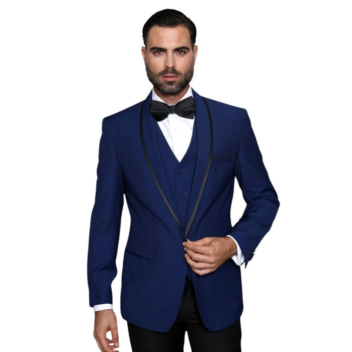 3-Piece Tailored Fit Wool Suit with Bow Tie and Flat Front Pants - Navy Modern Fit