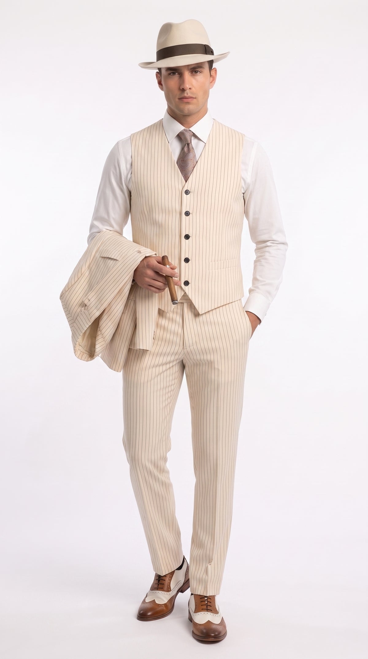 Men’s Ivory Cream Pinstripe 3-Piece Suit – 1920s Gangster Gatsby Wedding and Formal Suit  Modern Fit