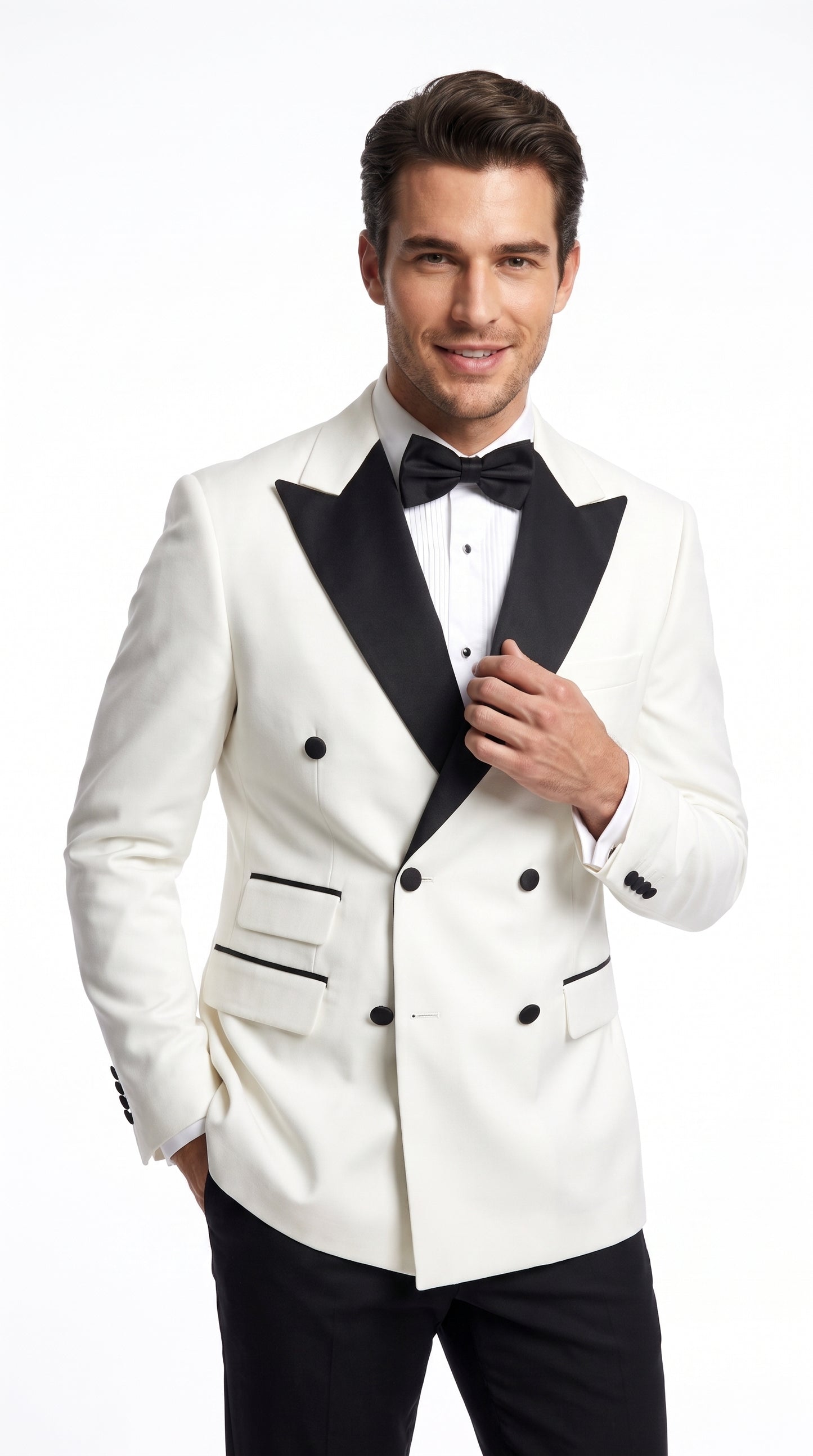 Men’s Vintage Hollywood WHITE/BLACK Double-Breasted Tuxedo – Black Peak Lapel Wedding and Formal Suit