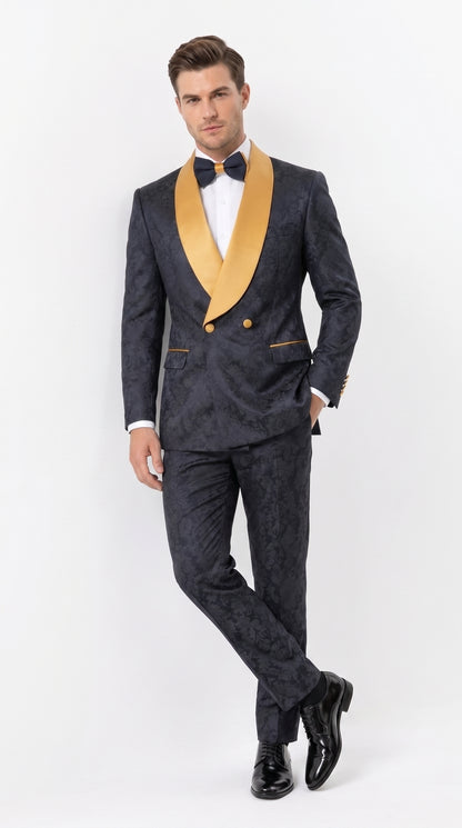 Men’s Black and Gold Hollywood Tuxedo – Double-Breasted Shawl Lapel Prom, Wedding and Formal Suit