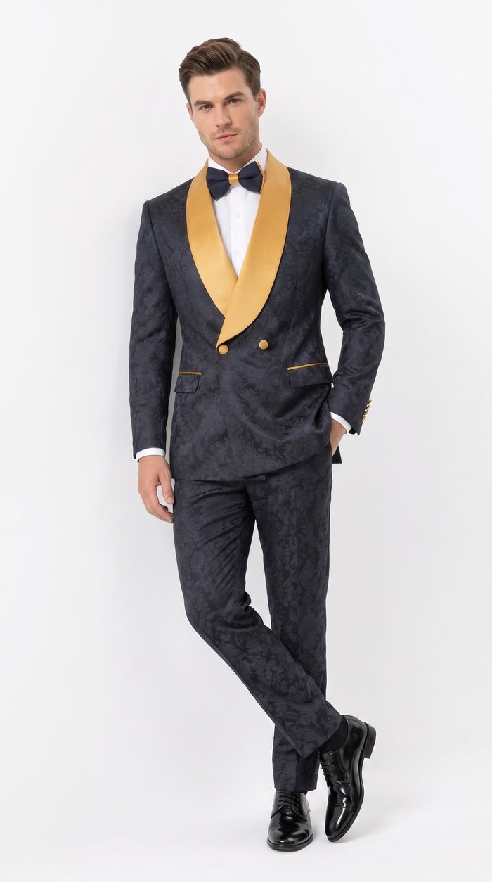 Men’s Black and Gold Hollywood Tuxedo – Double-Breasted Shawl Lapel Prom, Wedding and Formal Suit