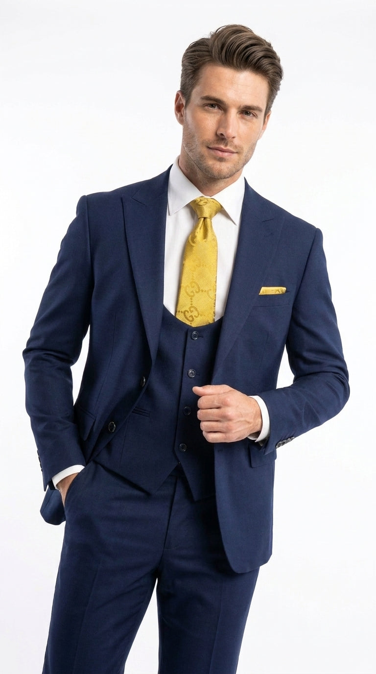 Mens Vitali 3 Piece Suit W/Scoop Vest Navy Blue 3-Piece Suit – Big Peak Lapel  Vest and Pants  Modern Fit Two Buttons