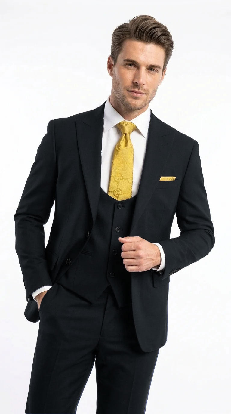 Vitali Men's Modern Fit 3-Piece Black Suit – 2-Button Jacket with Scoop Neck Vest