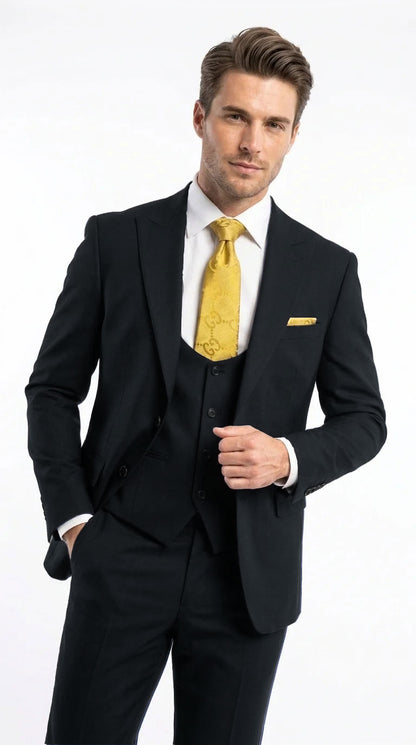 Vitali Men's Modern Fit 3-Piece Black Suit – 2-Button Jacket with Scoop Neck Vest