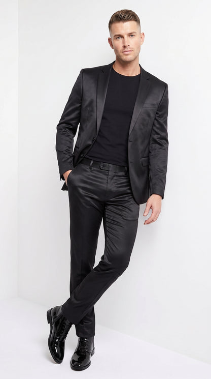 Men’s Black Shiny Sharkskin 2 Piece Suit, Formal Wedding Prom Party Dress Suit  Modern Fit