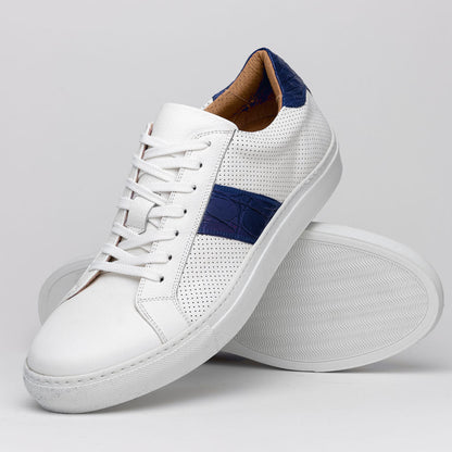 Zelli Olympias Crocodile-Trimmed Calfskin Sneakers in White and Navy