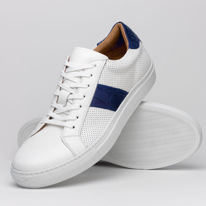 Zelli Olympias Crocodile-Trimmed Calfskin Sneakers in White and Navy