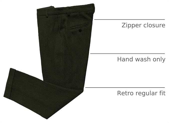 Mens Vintage Tweed Dress Pants Slacks Trousers Regular Fit Suit Pants in Army Green