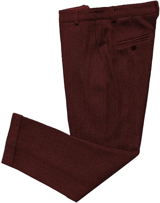 Mens Vintage Tweed Dress Pants Slacks Trousers Regular Fit Suit Pants in Burgundy