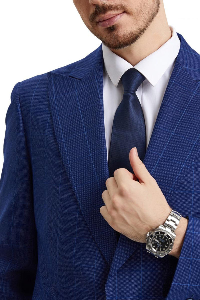 Men's Stacy Adams Peak Lapel Blue Windowpane Plaid Suit with a Scoop Neck Vest - Image 5