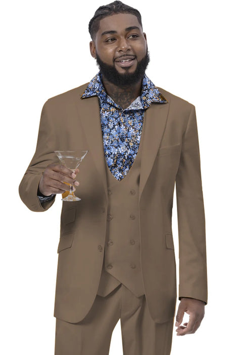 Modern Fit Wide Lapel Suit - Peak Lapel Suit with Double breasted Vest in Black - Navy Blue - Gold - Charcoal - Brown - Purple - Hunter