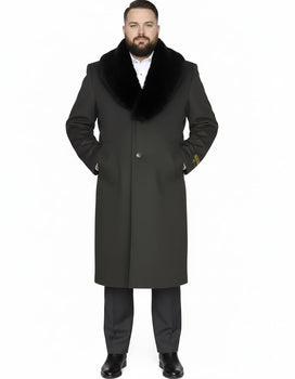 Mens Full Length Olive Overcoat with Black Fur Collar – Luxury Wool Fabric Winter Long Coat in Hunter Green - Image 6