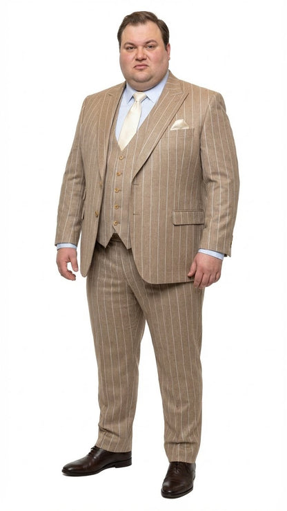 Men's Beige Pinstripe Three-Piece Vested Suit – Tailored Fit  Business Attire in Tan Stripe by Rossiman - Image 6