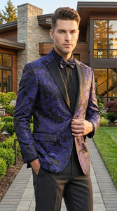 Mens Blue Paisley Jacquard Blazer – Luxury Pattern Tuxedo Dinner Jacket with Black Satin Lapel for Wedding, Prom With Bowtie