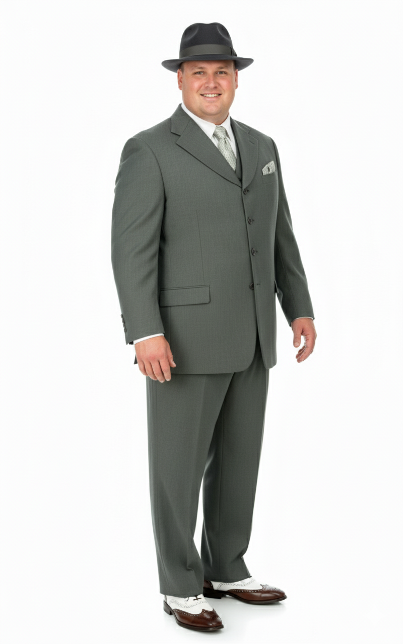 Men’s 1920s Olive Zoot Suit  – 4 Buttons  Gangster Wide Lapel Long Jacket 3-Piece Suit in Olive Color Classic Fit Pleated Pants