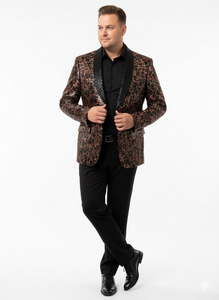 Men’s Black Shiny Designer Blazer with Red and Gold Pattern – Luxury Party & Wedding Jacket