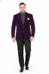 Men’s Purple Velvet Blazer – Luxury Slim Fit Formal Jacket with Black Satin Trim Tuxedo Dinner Jacket