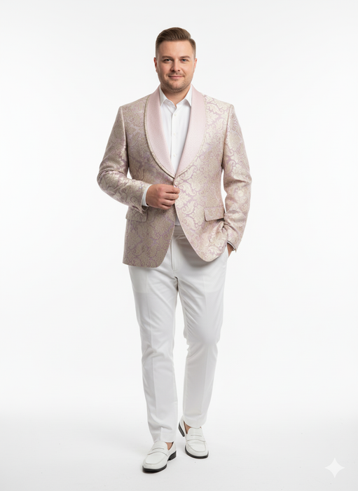 Men’s Lavender and Gold Tuxedo Embroidered Lilac Mauve Blazer – Designer Floral Pattern Wedding & Party Jacket