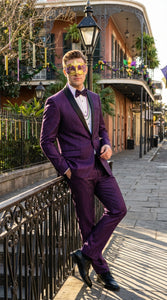 Mens Purple Shimmer Mardi Gras Suit with Black Satin Lapel – Shiny Metallic Formal Party and Carnival Suit Sequin Look