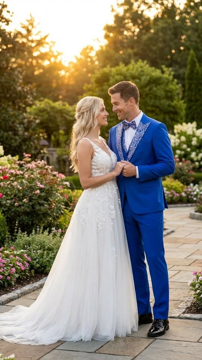 Men’s Bright Royal Blue and White lapel  Embellished Tuxedo Suit –  3-Piece Formal Wedding, Prom, and Gala Outfit