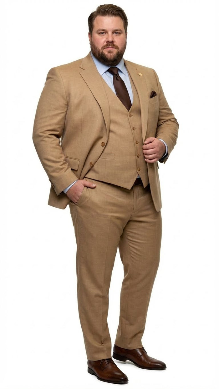 Men's Tan Three-Piece Suit with Vest – Classic Tailored Fit  in camel khaki Bronze color By Rossiman - Image 6