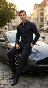 Men’s Black Pleated Tuxedo Dress Shirt | Formal Laydown Collar Button-Up Shirt for Weddings & Black Tie By Tiglio