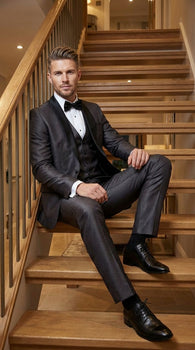 Men’s Shiny Sateen Charcoal Gray Tuxedo 3 Piece Suit with Black Shawl Lapel | Formal Wedding Prom Suit Sharkskin