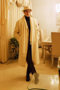 Men’s Long Cream Overcoat Wool Fabric in Ivory Off White Color Full length
