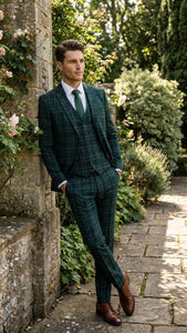 Men's Dark Green Plaid 3 Piece Suit – Checkered Suit Set for Wedding, Windowpane Tartan Fabric - Ultra Slim Fit - Image 5