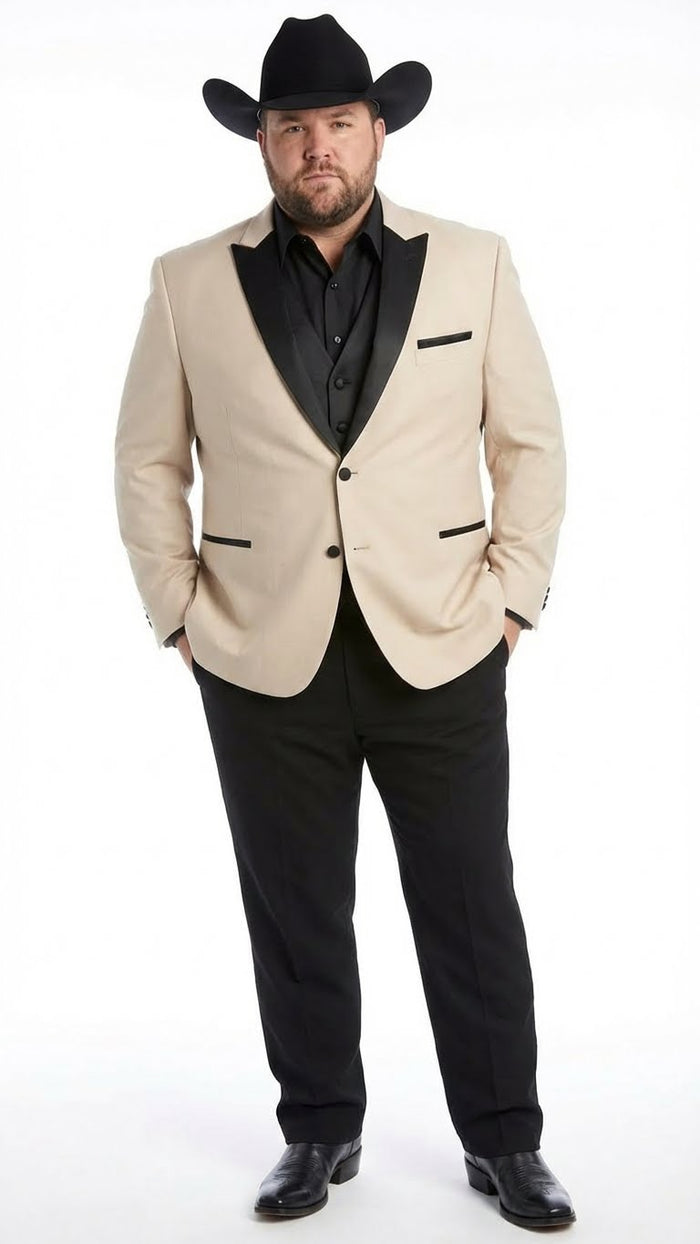 Men's Light Tan and Black Lapel Western Tuxedo Suit Set Wedding Party Cowboy Dress Tuxedo Black Pants - Image 6