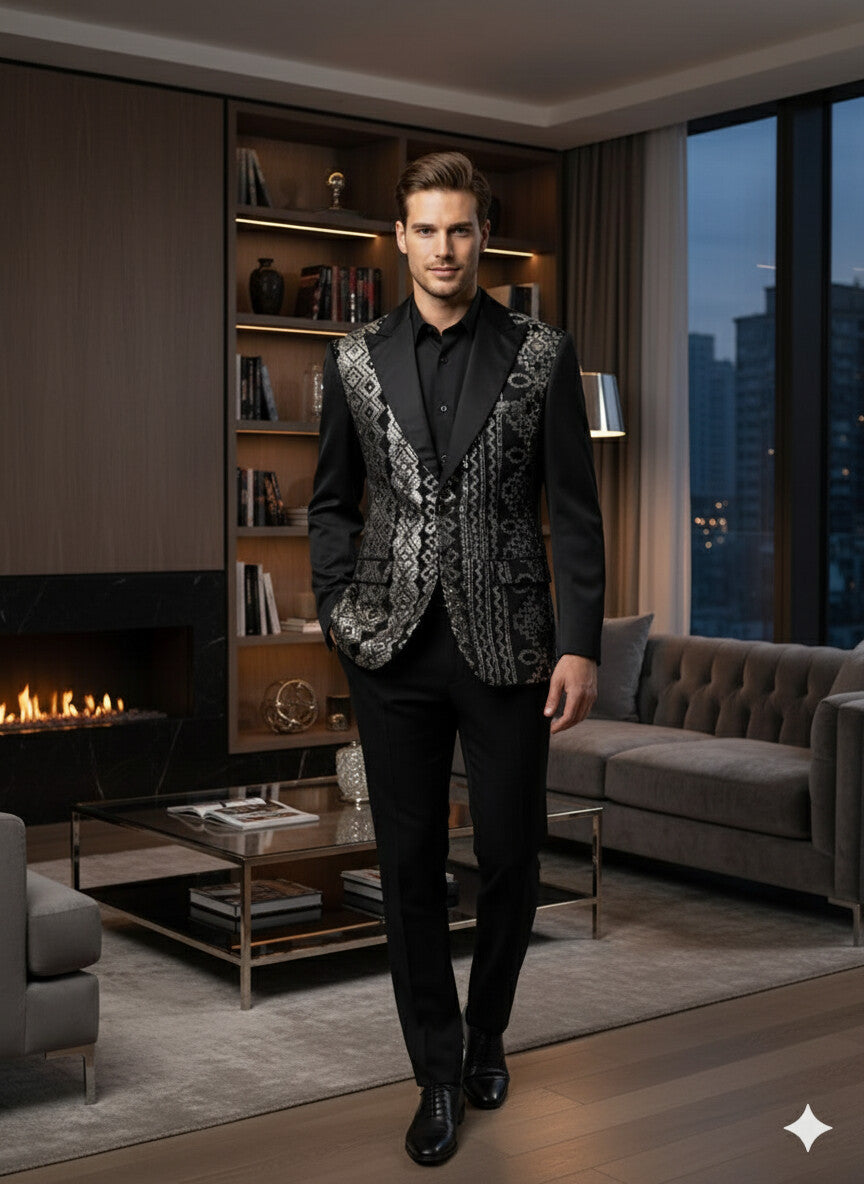 Mens Black and White and Silver Sequin Embroidered Blazer – Luxury Designer Party Wear with Geometric Detailing - Image 6
