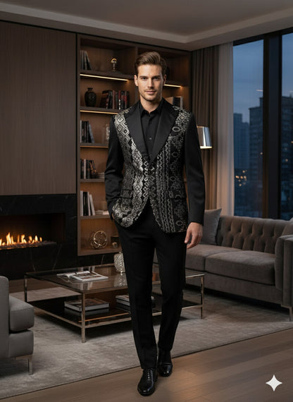 Mens Black and White and Silver Sequin Embroidered Blazer – Luxury Designer Party Wear with Geometric Detailing - Image 6