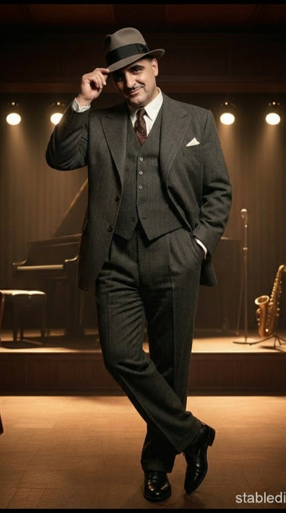 Al Capone Men’s Charcoal Gray Stripe 3-Piece Gangster Style Suit – 1920s Jazz Club Inspired Formal Suit Outfit - Image 5