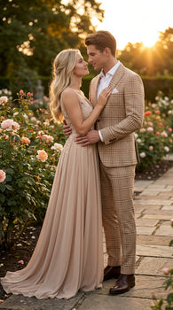 Beige Tan Plaid windowpane Two Piece Suit for Men | Classic Checkered Formal Suit with Jacket and Pants by Rossiman - Image 6