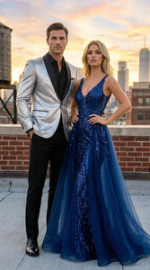 Men’s Shiny Silver Blazer with Black Lapel – Luxury Metallic Formal Jacket for Party, Evening and Special Events