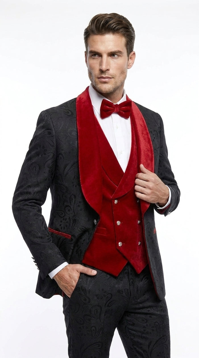 Men’s Black Paisley Tuxedo with Red Velvet Shawl Lapel – 3 Piece Wedding Prom Suit With Matching Bowtie