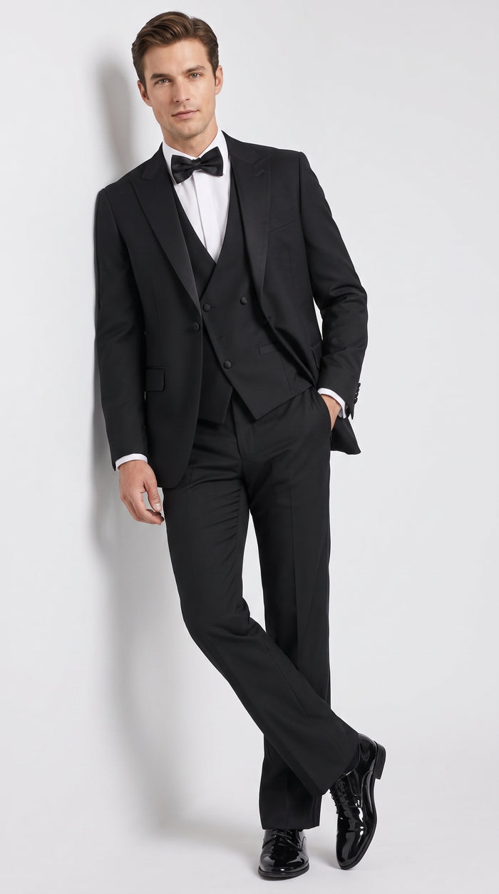 Men’s Black Boot Cut 3-Piece Tuxedo Suit – Peak Lapel Wedding, Prom and Formal Suit 1970s Style