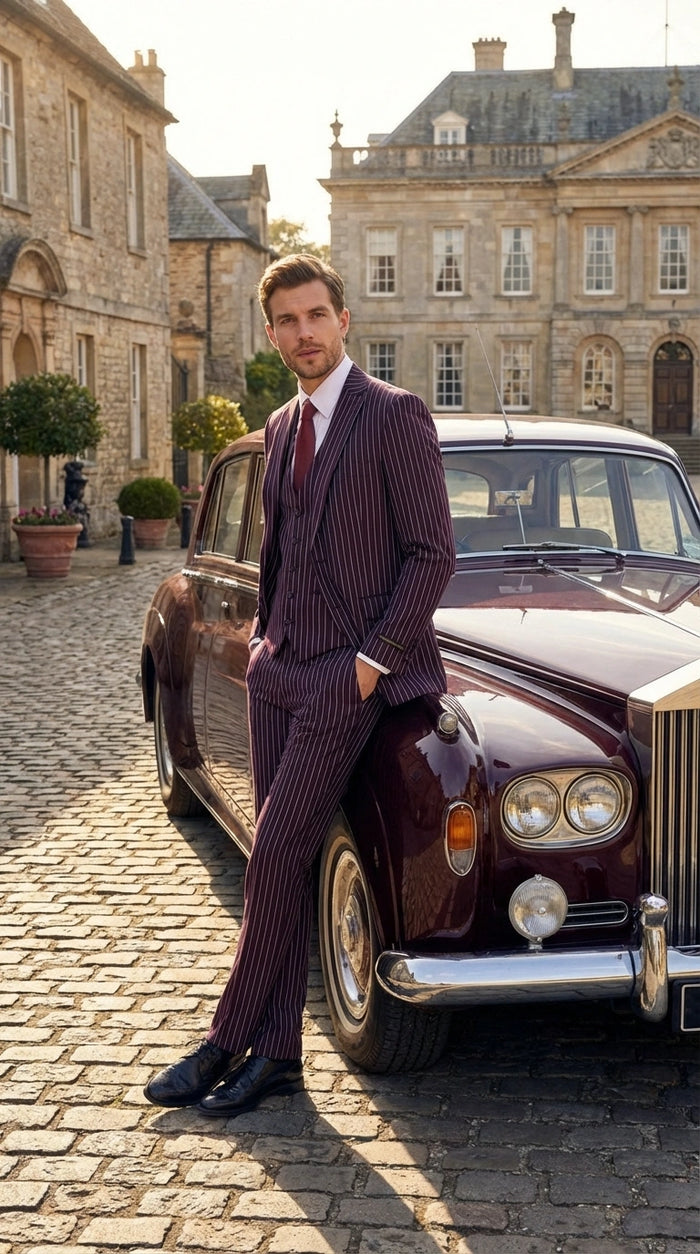 Men’s Plum Eggplant Pinstripe 3 Piece Suit – Burgundy Purple Formal Suit  Gangster 1920s Mafia Pimp Suit Modern Fit