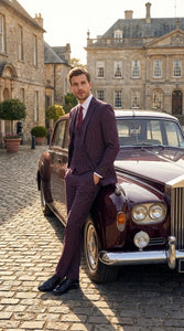 Men’s Plum Eggplant Pinstripe 3 Piece Suit – Burgundy Purple Formal Suit  Gangster 1920s Mafia Pimp Suit