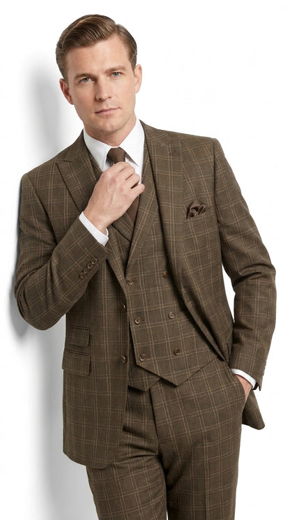 Men’s 1930s Brown Plaid 3 Piece Suit, Vintage Formal Wedding Business Dress Suit Set  Modern Fit