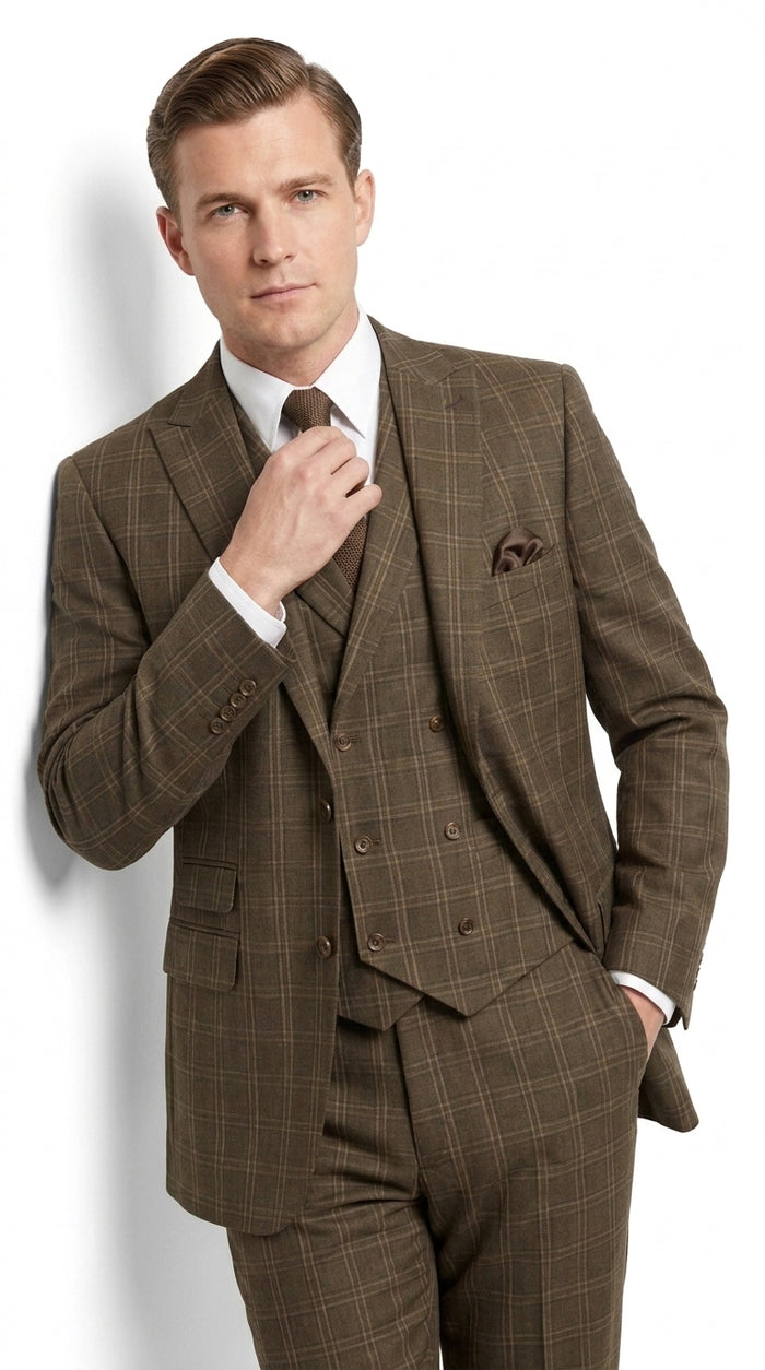 Men’s 1930s Brown Plaid 3 Piece Suit, Vintage Formal Wedding Business Dress Suit Set  Modern Fit