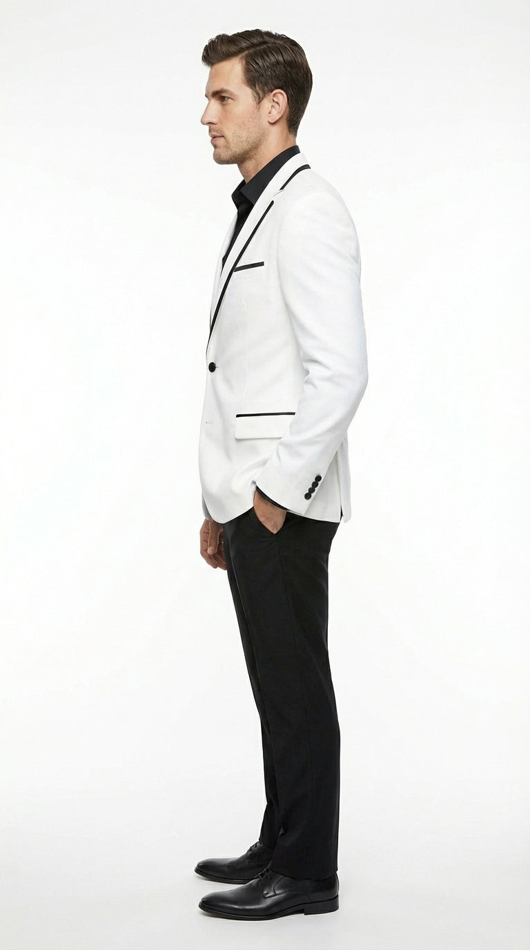 Men’s White Disco Blazer 70s Era Costume Jacket – Black Trim Retro Party Blazer, Vintage Dance Outfit, Stylish Evening Themed Wear