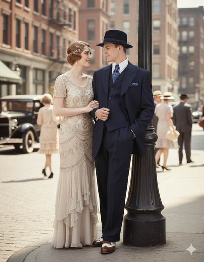 Men’s 1920s Navy Blue Zoot Suit – Classic Gangster 3-Piece Long  - Classic Fit Pleated Pants
