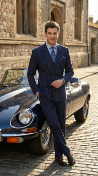 Men's Navy Blue Double Breasted Pinstripe Suit – Modern Fit By rossiman