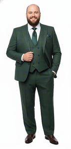 Men’s Green Plaid 3-Piece Suit – Classic Check Slim Fit Suit for Weddings, Church, and Formal By Rossiman