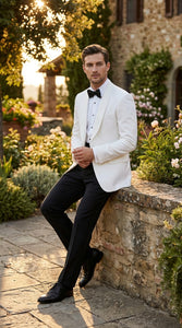 Men's White Dinner Jacket Tuxedo Blazer with Black Satin Shawl Lapel  With Black Tuxedo Pants - Image 6