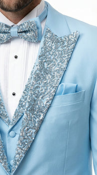 Mens Light Blue 3 Piece Prom Tuxedo – Sky Blue Formal Suit with Sequin Lapel Wedding Party Tuxedo Set in Baby Blue