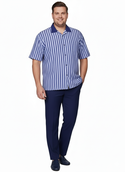 Men’s Blue and White Vertical Stripe Short Sleeve Shirt Set – Casual Summer Two-Piece Outfit  With Walking Suit Plus Matching Pants