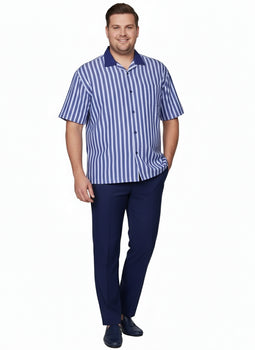 Men’s Blue and White Vertical Stripe Short Sleeve Shirt Set – Casual Summer Two-Piece Outfit  With Walking Suit Plus Matching Pants