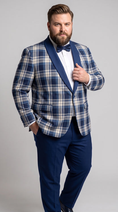 Men’s Tartan Blue Plaid and Solid Blue Tuxedo – Modern Check Pattern Formal Suit for New Year - Christmas - Holiday Jacket with Pants